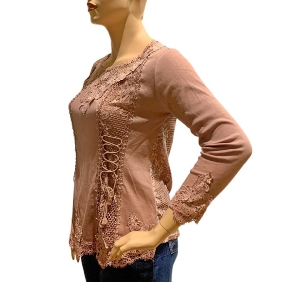 Renaissance Style Top Sz XL Festival Blush Nude Color Crocheted Long Sleeves NEW - Picture 3 of 14